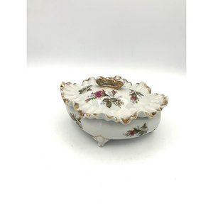 Vtg Hand Painted Betson’s Flower Gold Rimed Trinket Dish/Candy Bowl Top & Finial
